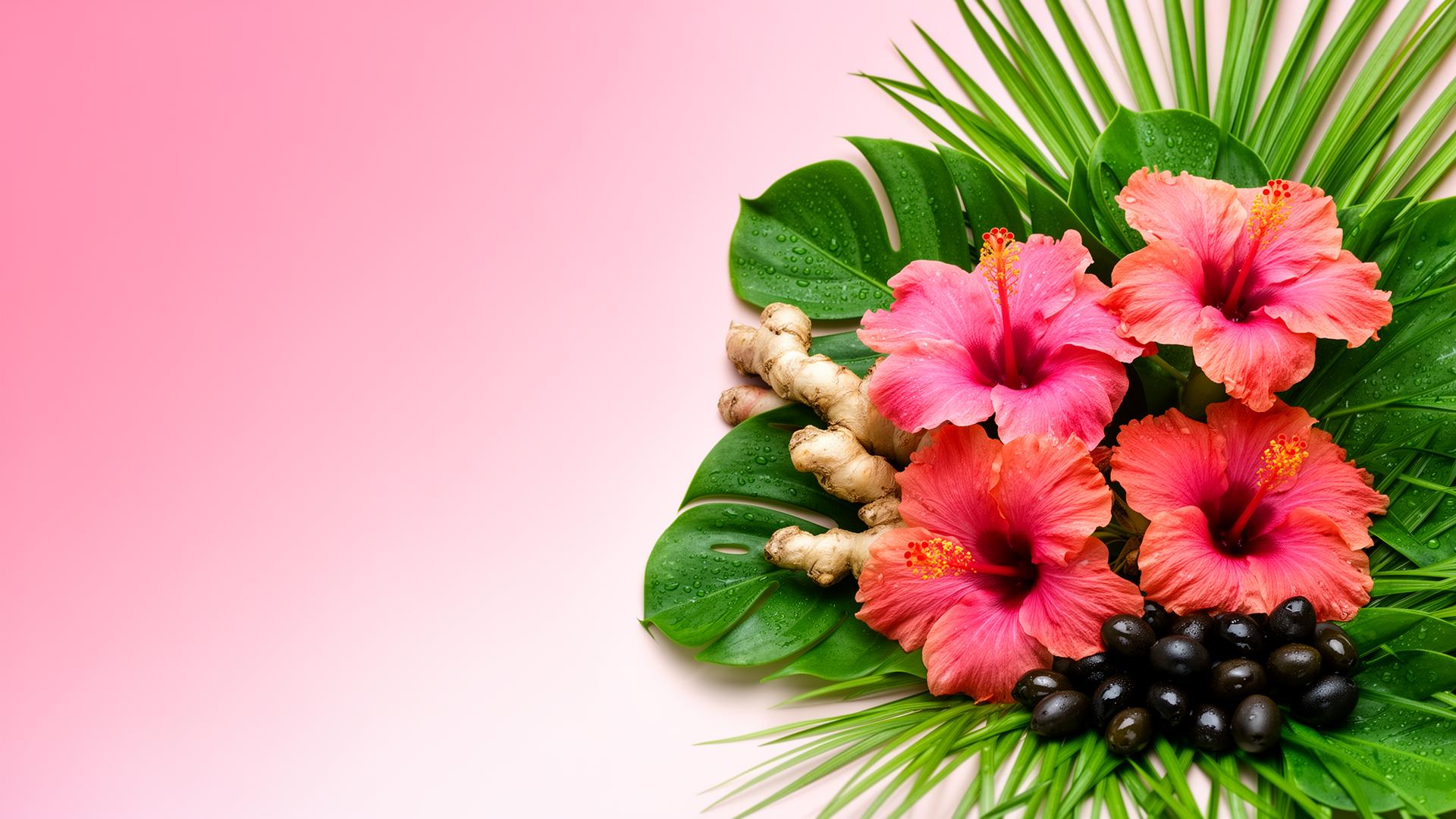 Hibiscus, ginger and olives on a soft pink background